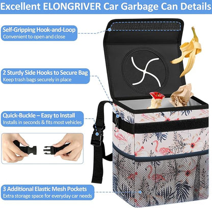 ELONGRIVER Car Trash Can Bin for Back Seat Leak Proof, Cute Car Trash Bag Hanging, Vehicle Trash Can for SUV Truck Van, Automotive Garbage Cans Front Seat Flamingos, 2 Gallons