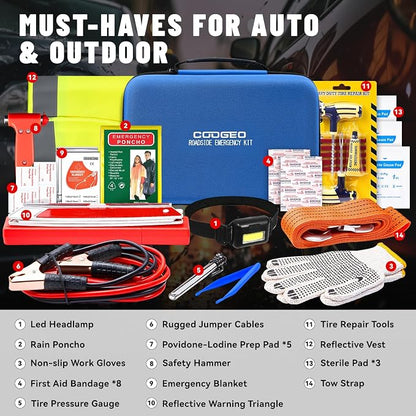15PC Car Emergency Kit with Jumper Cables, Roadside Assistance Safety Kit for Auto & Truck, Includes Safety Hammers, Tow Strap, Warning Triangle, First Aid, Gifts for Young Men or Women, Blue