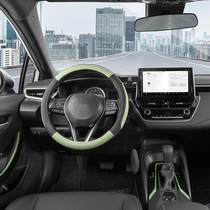 SEG Direct Steering Wheel Cover for Car, Standard Size 14.5-15 inch, Auto Interior Accessories, Black and Pastel Green