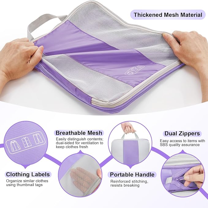 OlarHike 10-Pack Compression Packing Cubes for Travel Essentials,Compressible Expandable Packing Cubes for Suitcase,Luggage Garment Bags for Travel,Handy Helper for Organizing Clothes(Light Purple)