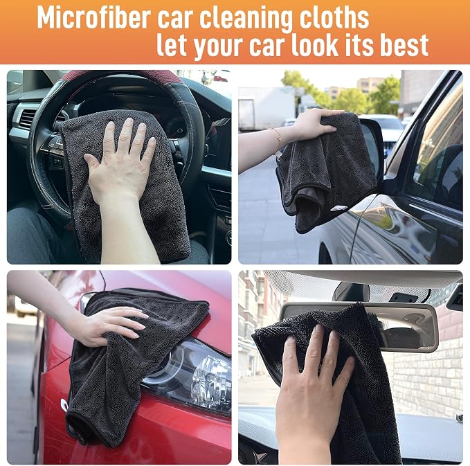 SINLAND 3-Pack Microfiber Shiny Wipes Shower Cleaning Cloths - Ultra Absorbent Drying Towel for Cars and Trucks, 600gsm, Streak-Free, Without Scratches or Water Spots 16" x 24" Dgrey