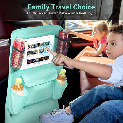 LUCMO Car Backseat Organizer with Touch Screen Tablet Holder,9 Storage Pockets Car Storage Organizer,Protectors Kick Mats Travel Accessories for Kids-Light Blue