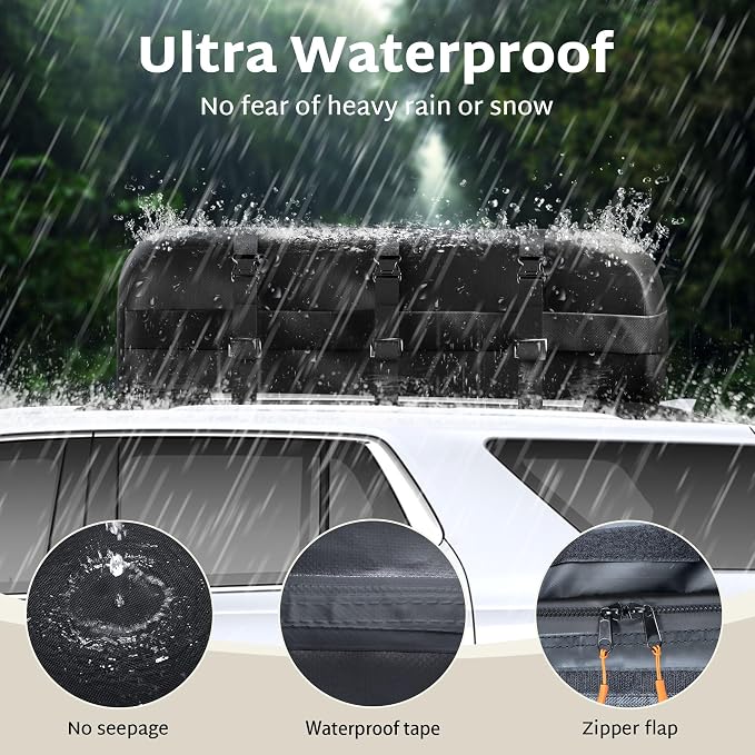 iBirdie Roof Rack Cargo Carrier 15.3 Cubic Feet, Soft-Shell Rooftop Cargo Box, Waterproof Heavy Duty 1200D for Car with/Without Roof Rack, Includes Anti-Slip Mat, Door Hooks, 46x34x17 inches