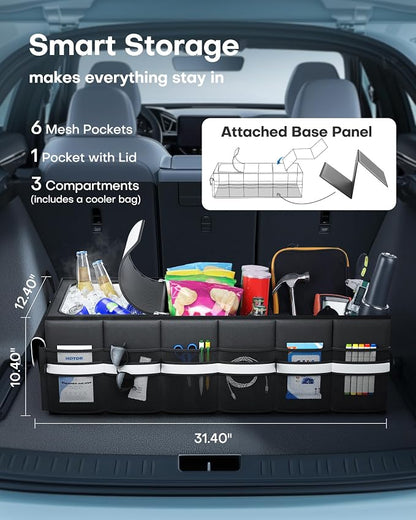 HOTOR Trunk Organizer - Car Organizer with Built-In Leakproof Car Cooler, Collapsible Trunk Organizer with Cooler for Car, SUV, Sedan, with Base Panel (3 Compartments, Black),31.9"×12.6"×10.6"
