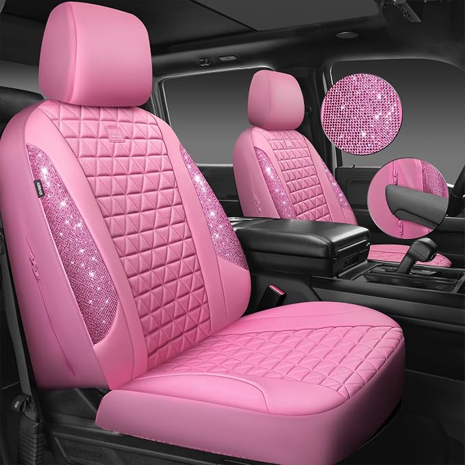 CAR PASS Bling Diamond Pink Leather Car Seat Covers Full Sets Interior Sets, Waterproof Shining Glitter Sparkly Crystal Universal Armrest Fit for Automotive Truck SUV Cute Women Girl, Pink Rhinestone