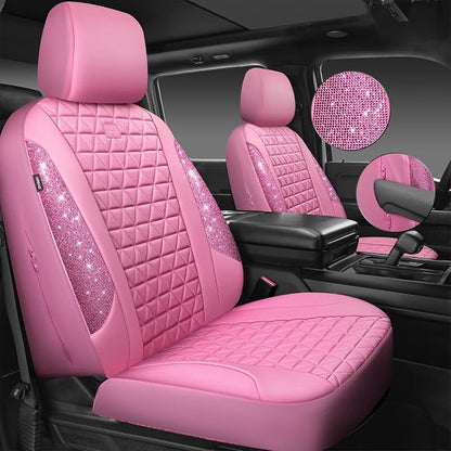 CAR PASS Bling Diamond Pink Leather Car Seat Covers Full Sets Interior Sets, Waterproof Shining Glitter Sparkly Crystal Universal Armrest Fit for Automotive Truck SUV Cute Women Girl, Pink Rhinestone