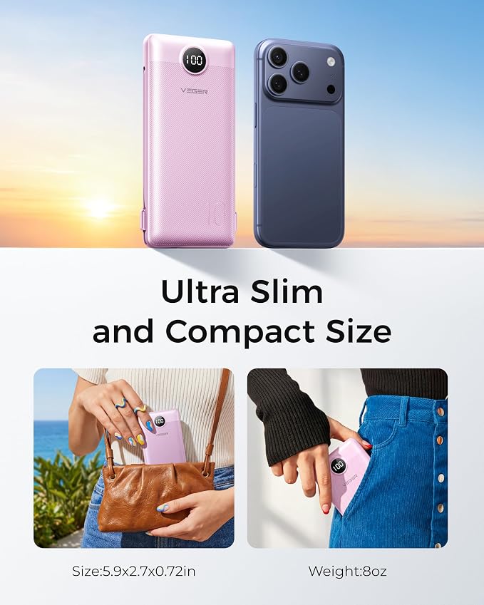 VEGER Portable Charger Power Bank with Built-in AC Plug and Cables, All in One 10000mAh Ultra Slim Travel Essentials, Fast Charging Battery Pack Compatible with iPhone, Samsung, Android, Purple