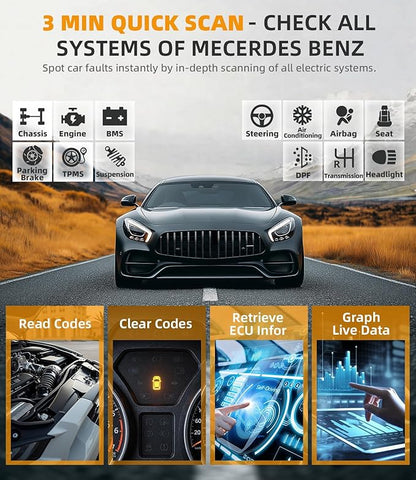 OBD2 Scanner for Mercedes Benz, OM807 Full System Diagnostic Tool with Resets (Oil/ETC/EPB/ABS/SAS/BAT Register...), Full OBDII Functions Read&Erase Fault Codes, Free Software Update