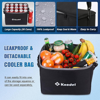 K KNODEL Extra Large Trunk Organizer With Cooler Bag, 3 Compartments Car Organizer, Heavy Duty SUV Trunk Organizer with 2 Adjustable Securing Straps (4-in-1, Black)