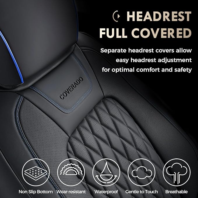 Coverado Leather Rear Seat Covers Fit for Ford F150 F250 F350 F450, Waterproof Ford Truck Rear Seat Covers Fit for 2015-2026 F150 & 2017-2026 F250 F350 F450 (Blueline)