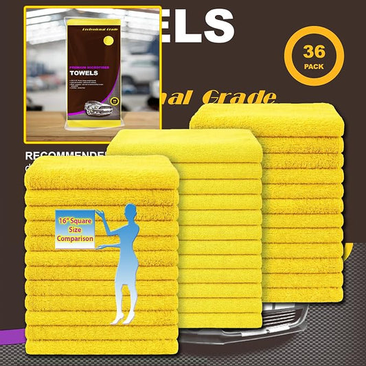 Yellow Microfiber Cleaning Towels, 36-Pack Dual-Sided Ultra Soft Plush Washcloth, Professional Grade Premium Microfiber Detailing Cleaning Cloths, Car, Household and Commercial (Yellow, 16" x 16")