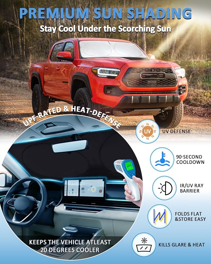 Sun Shade for Tacoma Windshield Sunshade fit for Toyota Tacoma 2016-2023 2024 2025 2026 2Dr 4Dr Pickup Foldable Front Window Cover Retractable Sun Visor Protector Keep Interior Cool