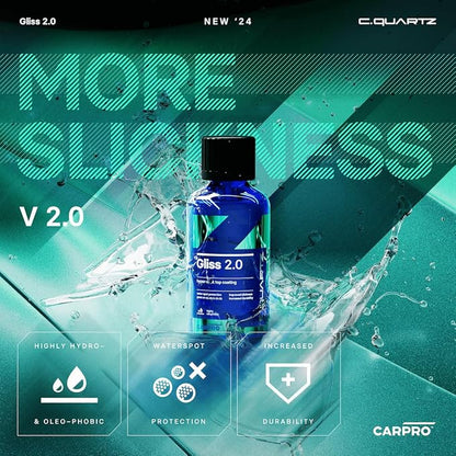 CARPRO Gliss 2.0 - Ceramic Coating for Cars - Hydrophobic Topcoat – Extreme Slickness & Water Spot Protection w/Microfiber Applicators - Repels Oil, Dirt & Grime Making Car Easy to Clean - 50ml Kit
