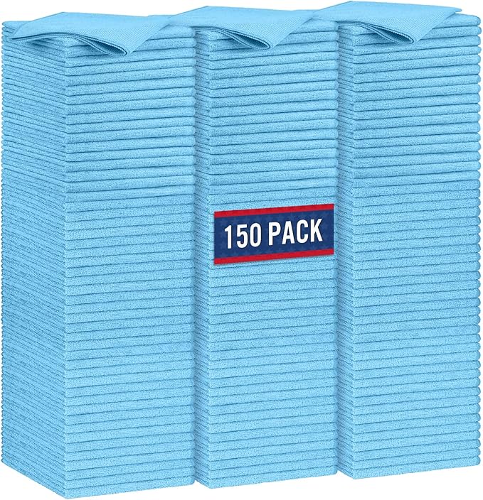 GLIMGLINT Blue Microfiber Cleaning Cloth,150PK Reusable Cleaning Rags,Highly Absorbent Shop Rags Bulk,All-Purpose Car Cleaning Towels for TV Screen, Kitchen, Bathroom, Restaurant, Garage, 14"X12"
