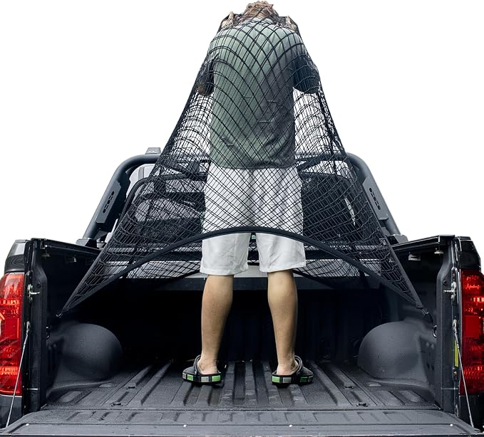 Cargo Net for Pickup Truck Bed, Trucks Cargo Net Mesh Organizer, 4'x4' Stretch to 7'x7' Highly Elastic Truck Bed Net for Camping, Trip Luggage, Compatible with Trailer, Ford, Chevrolet, Dodge
