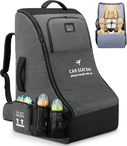 RAINSMORE Car Seat Travel Bag for Airplane Padded Carseat Backpack Heavy-duty Car Seat Cover for Air Travel Infant Car Seat Carrier Bag with Shoulder & Waist Strap, Fits Most Car Seat & Booster Seats