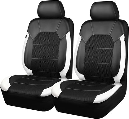 CAR PASS Universal Front Leather Car Seat Covers with Sporty Design, Breathable All Season Easy to Clean Anti-Slip Wear-Resistant Automotive Seat Covers Fit for Most Cars, SUVs, Trucks, Black & White