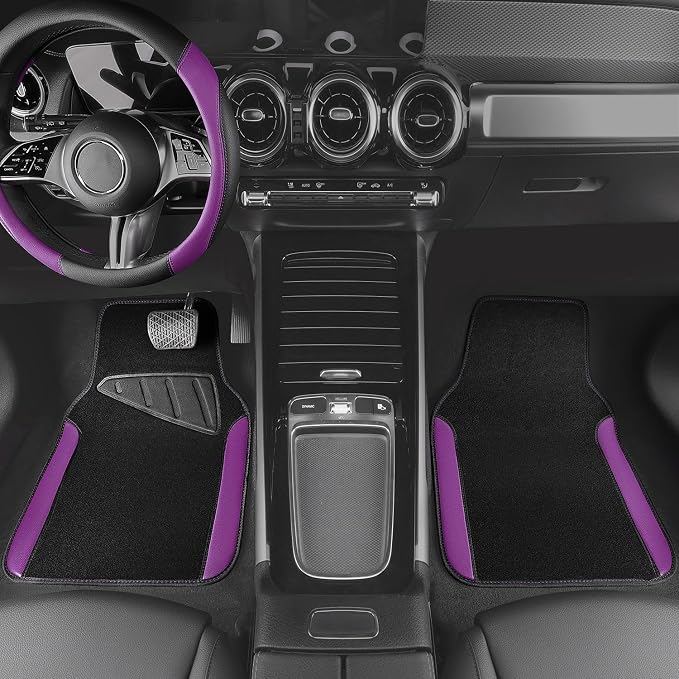 CAR PASS Faux Leather Steering Wheel Cover and Waterproof Car Floor Mats,Universal Car Combo Fit for 95% Sedan,SUV,Cars,14.5-15inch Sporty Anti-Slip Safety Comfortable Design(Black＆Purple)