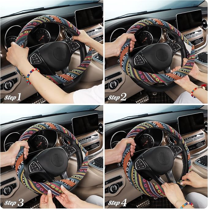 SEG Direct Boho Steering Wheel Cover with Baja Blanket Cloth, Ethnic Style Auto Wheel Cover Made of Coarse Flax, Fits 14 1/2-15 1/4 inches Car Wheel