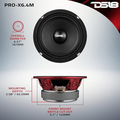 DS18 PRO-X6M Loudspeaker - 6.5", Midrange, Red Aluminum Bullet, 500W Max, 250W RMS, 4 Ohms - Premium Quality Audio Door Speakers for Car or Truck Stereo Sound System (1 Speaker)