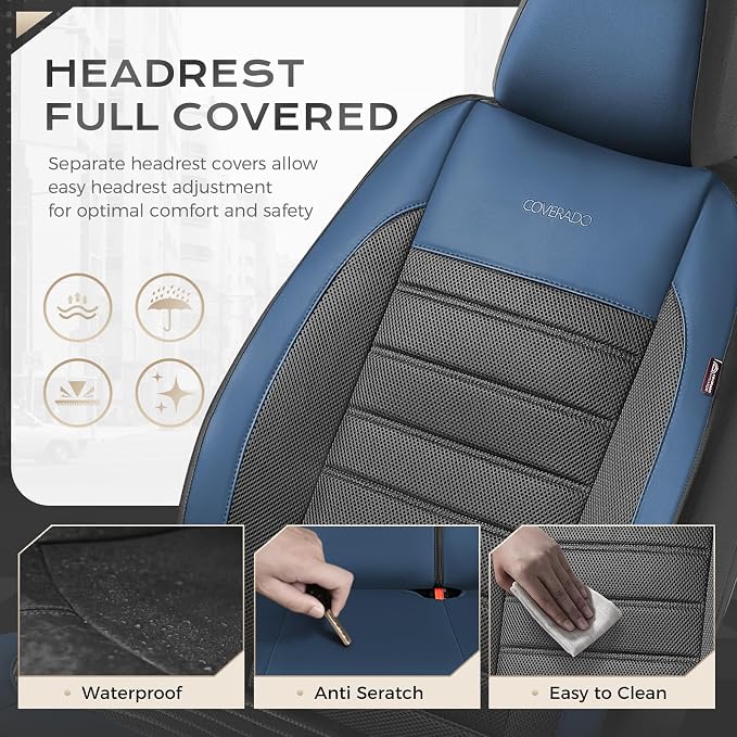 Coverado Car Seat Covers Full Set, Luxury Leather Car Seat Covers, Automotive Front and Rear Mesh Seat Covers, Full Set 5 Seats, Blue Black Seat Covers for SUV Sedan Truck