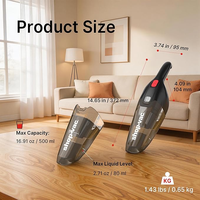 Shop-Vac Wet/Dry Handheld Vacuum Cordless, Powerful Portable Car Vacuum Rechargeable, Wall-Mounted Hand Vac with Crevice Tool, Lightweight Hand Vacuum for Home & Car, Washable Filter, Black