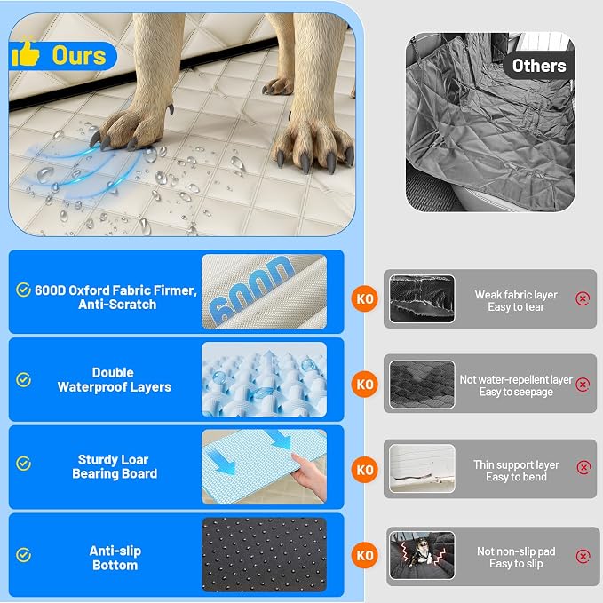 Dog Car Seat Cover for Back Seat with Hard Bottom,Waterproof Back Seat Extender for Dogs,Dog Hammock Dogs Bed for Cars, SUVs,Pet Seat Cover for Back Seat Holds 400lbs with Mesh Window & Pocket-Khaki
