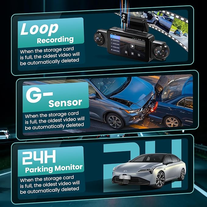 360°View 4 Channel Dash Cam, 5'' IPS Large Screen Dash Camera for Cars, 4K+1080P Front and Rear Inside Left Right, Built-in IR Night Vision, 24H Parking Mode, 64GB SD Card, Wireless APP Transmission