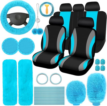 ROCEEI 43 Pcs Car Seat Cover Full Set for Women Christmas Fuzzy Car Accessories Fluffy Steering Wheel Cover Front Rear & Belt Handbrake Shift Accessory for Winter (Lake Blue)
