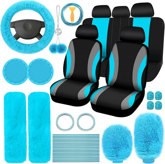 ROCEEI 43 Pcs Car Seat Cover Full Set for Women Christmas Fuzzy Car Accessories Fluffy Steering Wheel Cover Front Rear & Belt Handbrake Shift Accessory for Winter (Lake Blue)