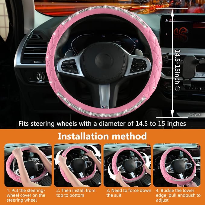 Diamond Steering Wheel Cover，14.5-15 Inch Car Steering Wheel Cover with Bling Crystal Rhinestone，Delicate and Anti-Slip Sparkly Car Wheel Protector for Women Girl，Pink