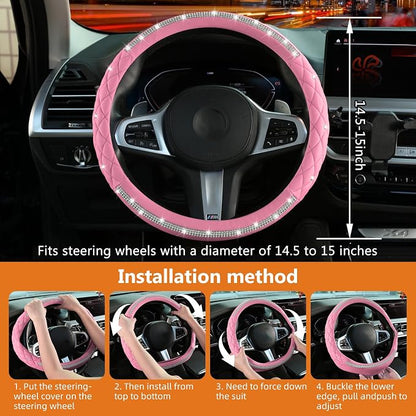 Diamond Steering Wheel Cover，14.5-15 Inch Car Steering Wheel Cover with Bling Crystal Rhinestone，Delicate and Anti-Slip Sparkly Car Wheel Protector for Women Girl，Pink