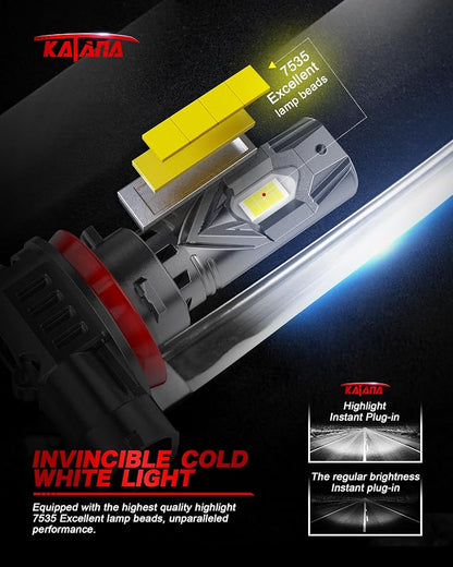 KATANA Upgraded H11 9005 Bulbs, 36000LM 6500K Xenon White Super Bright Mini Size with Cooling Fan, H8 HB3 Canbus Ready Fog Light , Pack of 4