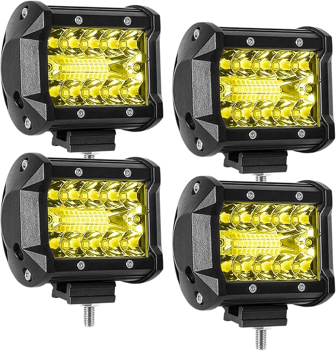 4PCS 4 Inch LED Light Bar 12000LM Spot Flood Combo Off Road Triple Row Work Driving Fog Light for Pickup Truck ATV UTV SUV Boat Yellow