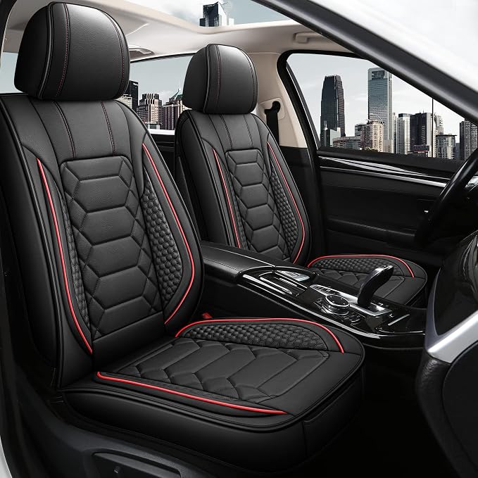 HAIYAOTIMES Leather Car Seat Covers Full Set, Waterproof Faux Leather Seat Covers for Cars, Non-Slip Car Interior Covers Universal Fit for Most Cars Sedans Trucks SUVs, Black/Red