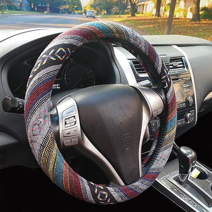 Boho Steering Wheel Cover for Women Men Baja Blanket Enthic Car Steering Wheel Cover Ethnic Car SUV Wheel Protector, Breathable, Anti-Slip, Odorless, Universal Fit 14.5-15 Inch
