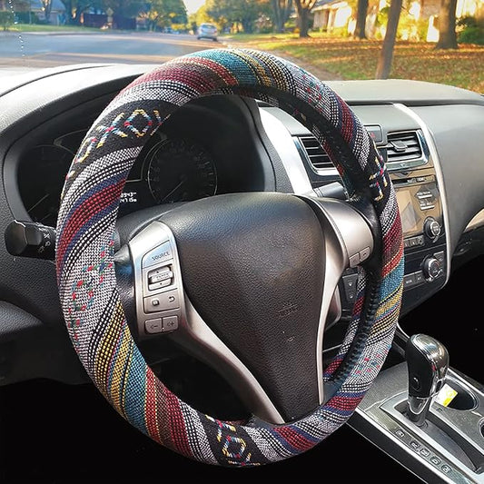 Boho Steering Wheel Cover for Women Men Baja Blanket Enthic Car Steering Wheel Cover Ethnic Car SUV Wheel Protector, Breathable, Anti-Slip, Odorless, Universal Fit 14.5-15 Inch