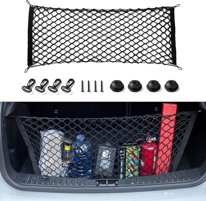Amiss 2 Packs Cargo Net Stretchable, Adjustable Trunk Storage Net with Hook, Accessories for Pickup Bed Divider Organizer and Storage, Compatible with Chevy Silverado Ford F150 GMC (50"x 18")