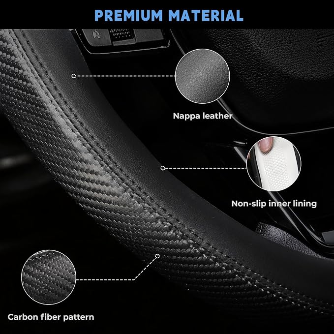 Steering Wheel Cover for Honda CRV Accord Civic HRV Pilot Odyssey Passport, Standard Size 14.5-15", Carbon Fiber Black