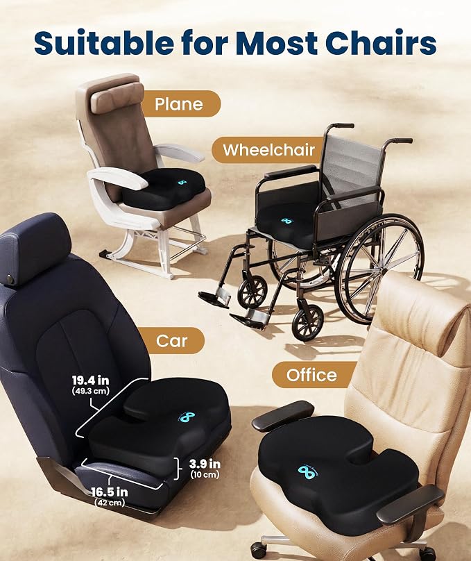 Everlasting Comfort Doctor Recommended Memory Foam Seat Cushion for Office Chairs & Car - Ergonomic Office Desk Accessories - Cushions for Tailbone Pain Relief, Sciatica (Black, X-Large)