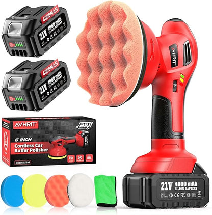 6 Inch Cordless Car Buffer Polisher: 2x4000mAh Batteries Car Buffer, Car Waxer Kit with 8 mm Orbit Block & 6 Speed Control (2500-6000 RPM) - for Car/Boat Detailing, Scratch Removal and Waxing