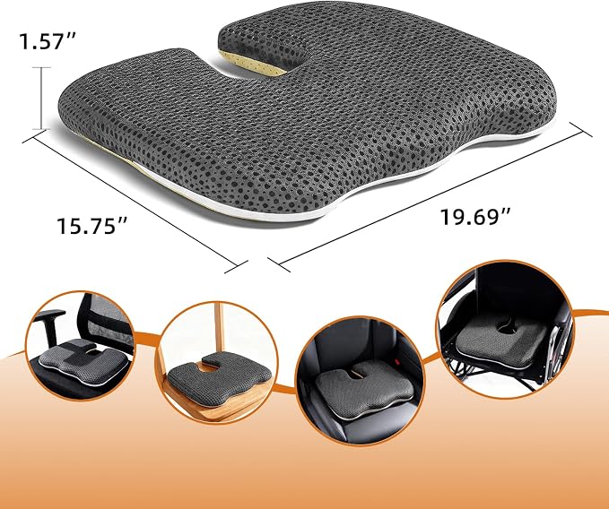 Gooo&Ma Car Seat Cushion & Office Chair Pad - Air Fiber Breathable U-Shape Cooling Cushion for Tailbone Comfort, Driving, Desk & Gaming, Ergonomic Washable Seat Pad with Non-Slip Base(Grey)