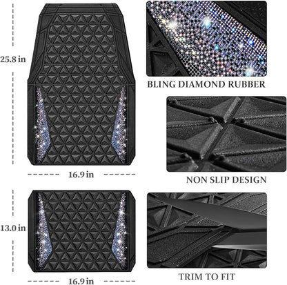 CAR PASS Dazzle Colour Change Car Mats Diamond Floor Mats Full Set Anti-Slip 3D Rhombus Waterproof Universal Trim Fit Liner Glitter Crystal Sparkly Shining Rhinestone Girl Women SUV Sedan Van Colorful