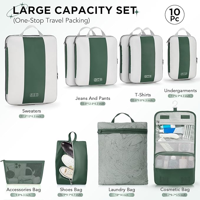 OlarHike 10-Pack Compression Packing Cubes for Travel Essentials,Compressible Expandable Packing Cubes for Suitcase,Luggage Garment Bags for Travel,Handy Helper for Organizing Clothes(Dark Green)