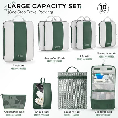 OlarHike 10-Pack Compression Packing Cubes for Travel Essentials,Compressible Expandable Packing Cubes for Suitcase,Luggage Garment Bags for Travel,Handy Helper for Organizing Clothes(Dark Green)