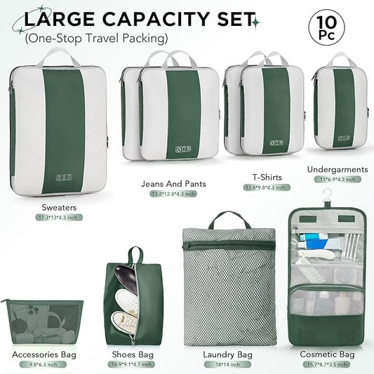 OlarHike 10-Pack Compression Packing Cubes for Travel Essentials,Compressible Expandable Packing Cubes for Suitcase,Luggage Garment Bags for Travel,Handy Helper for Organizing Clothes(Dark Green)