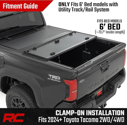 Rough Country Hard Tri-Fold Flip Up Tonneau Cover for Toyota Tacoma (2024-2026) - Flush Aluminum Bed Cover, Fits 6' Bed w/Utility Rail System
