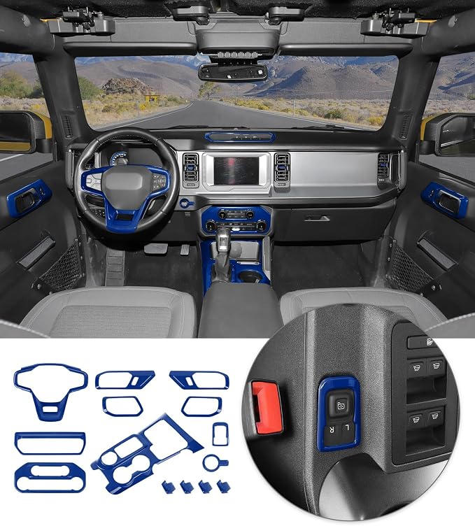 JWWY Interior Trim Kit Full Set Dress-Up Kit Decor Set Center Console Gear Shift Dashboard Panel Door Handle AC Rearview Vent Adjustment Cover Trim for 2021-2026 Ford Bronco Accessories 14pcs Blue