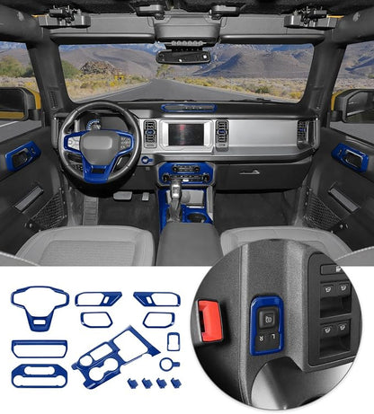JWWY Interior Trim Kit Full Set Dress-Up Kit Decor Set Center Console Gear Shift Dashboard Panel Door Handle AC Rearview Vent Adjustment Cover Trim for 2021-2026 Ford Bronco Accessories 14pcs Blue