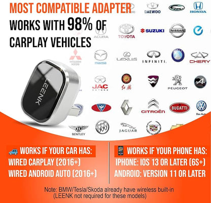 LEENK Wireless CarPlay & Android Auto Adapter [2025 Upgrade], Aero-Aluminum Body & 2.5D Glass | Sleek Plug & Play | Dual-Band 5GHz | 98% Compatibility with Wired CarPlay & Android Auto (Black)
